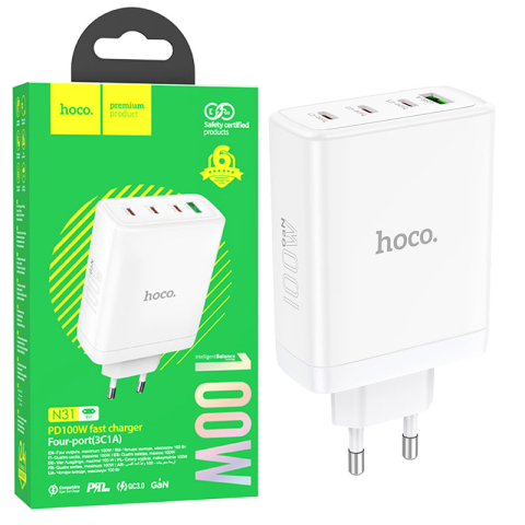 Adaptoare - Hoco (N31) - Incarcator Retea, GaN, 100W, 3xUSB-C, 1xUSB-A, PD, QC 3.0, White