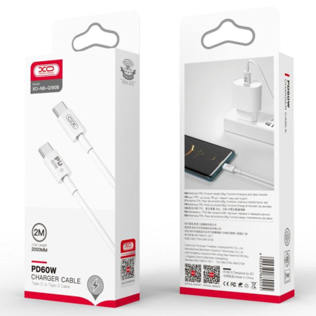 Incarcatoare - XO (NB-Q190B) - Cablu Date si Incarcare, USB-C, PD60W, QC3.0, 2m, White