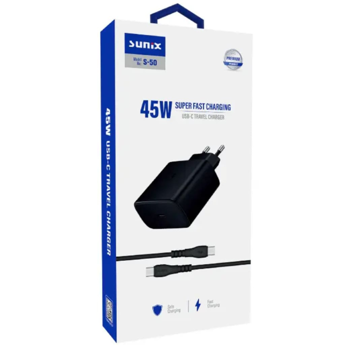 Incarcator USB-C 45W PD Super Fast Charge Sunix Budget cu cablu USB-C inclus Negru S50T01 compatibil Samsung Huawei Xiaomi iPhone Honor [2]