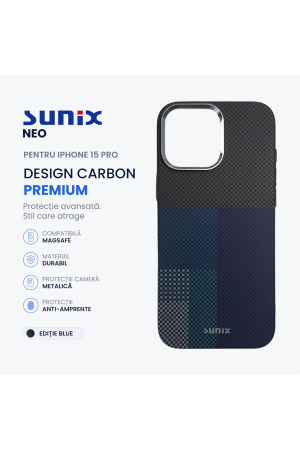 Huse telefon - Husa Neo pentru iPhone 15 Pro A3292, Compatibila MagSafe, Design Carbon Premium, Protectie Camera Metalica, Antisoc, Blue