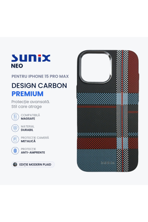 Huse telefon - Husa Neo pentru iPhone 15 Pro Max A3293, Compatibila MagSafe, Design Carbon Premium, Protectie Camera Metalica, Antisoc, Modern Plaid