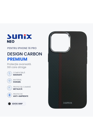 Huse telefon - Husa Neo pentru iPhone 16 Pro A3293, Compatibila MagSafe, Design Carbon Premium, Protectie Camera Metalica, Antisoc, Grip