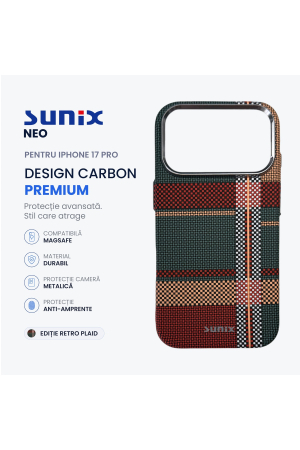 Huse telefon - Husa Neo pentru iPhone 17 Pro, Compatibila MagSafe, Design Carbon Premium, Protectie Camera Metalica, Antisoc, Retro Plaid