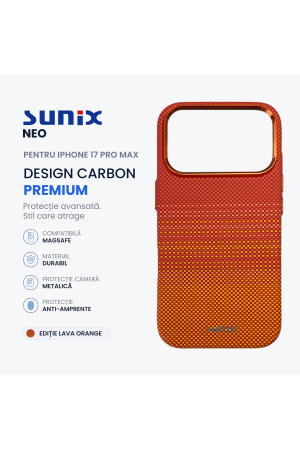 Huse telefon - Husa Neo pentru iPhone 17 Pro Max, Compatibila MagSafe, Design Carbon Premium, Protectie Camera Metalica, Antisoc, Lava Orange