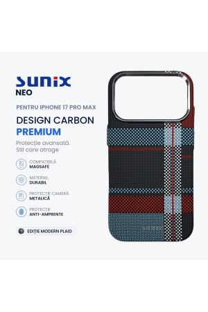 Huse telefon - Husa Neo pentru iPhone 17 Pro Max, Compatibila MagSafe, Design Carbon Premium, Protectie Camera Metalica, Antisoc, Modern Plaid