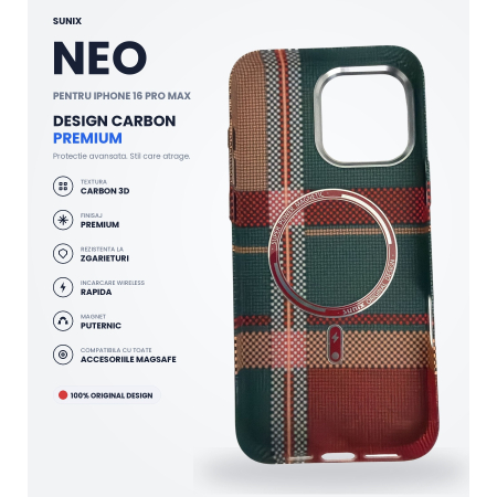 Huse telefon - Husa SUNIX Neo pentru iPhone 16 Pro Max, Compatibila MagSafe, Design Carbon Premium, Protectie Camera Metalica, Antisoc, Retro Plaid