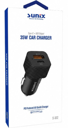 Incarcator auto USB-C 35W Dual Port USB-C USB-A Sunix Budget Negru S322A01 [1]