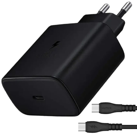 Incarcator telefon - Incarcator USB-C 45W PD Super Fast Charge Sunix Budget cu cablu USB-C inclus Negru S50T01 compatibil Samsung Huawei Xiaomi iPhone Honor