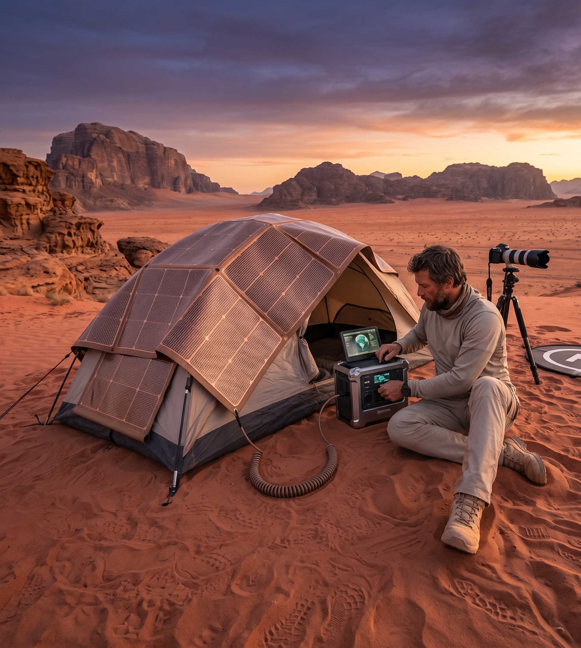 Statie portabila conectata la panou solar in camping