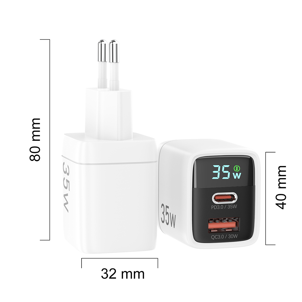 Incarcator Retea Techsuit 35W GaN USB-C si USB cu Afisaj LED Alb [2]