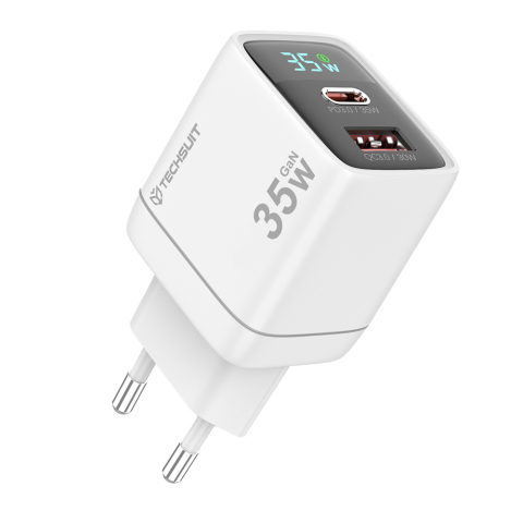 Promotii - Incarcator Retea Techsuit 35W GaN USB-C si USB cu Afisaj LED Alb