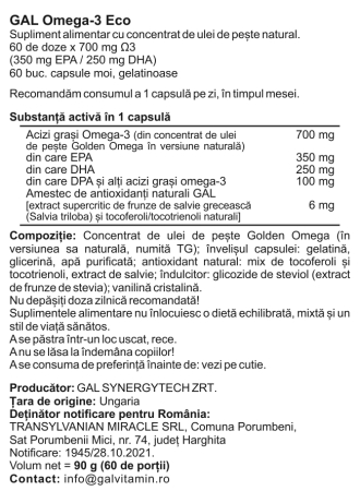 Caracteristici produs - Fără alergeni - Fără gluten - Fără ouă - Fără alergeni din soia - Fără lactate și fără lactoză - Fără dioxid de sulf - Fără zahăr - Fără OMG - Vegetarian - Vegan - Hârtie certificată FSC (CO31340) - Ambalaj provenit dintr-o unitate de producție cu carbon neutru - Ambalaj 100% reciclabil  Verde: Produsul are proprietatea descrisă Roșu: Produsul nu are proprietatea descrisă  GAL Omega-3 Eco [1]