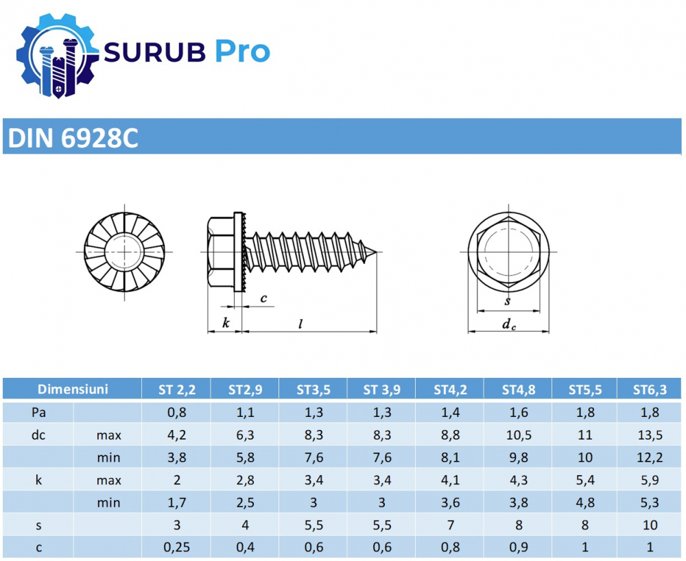 Surub autofiletant cap hex si flansa DIN 6928C  4.8x13 otel zincat - cutie 1000 buc [3]