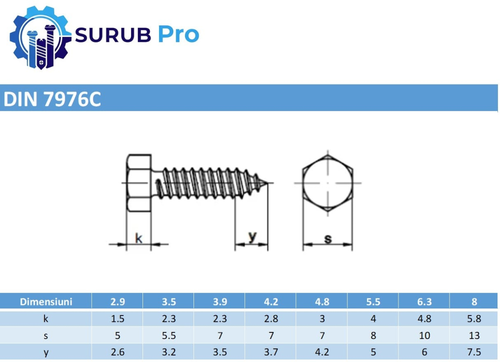 Surub autofiletant cap hexagonal DIN 7976C  4,8x19 otel zincat - cutie 500 buc [3]