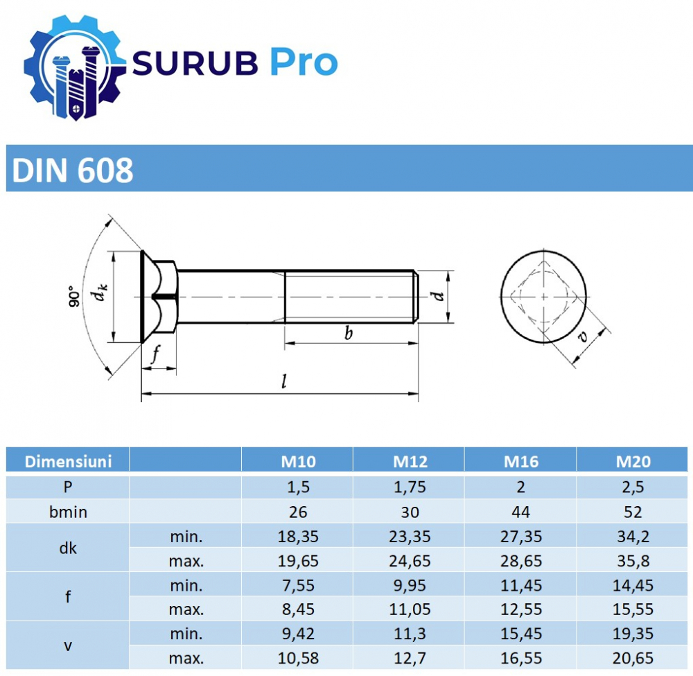 Surub cap inecat si gat patrat DIN 608 10.9 M10x60 otel natur - cutie 100 buc [3]