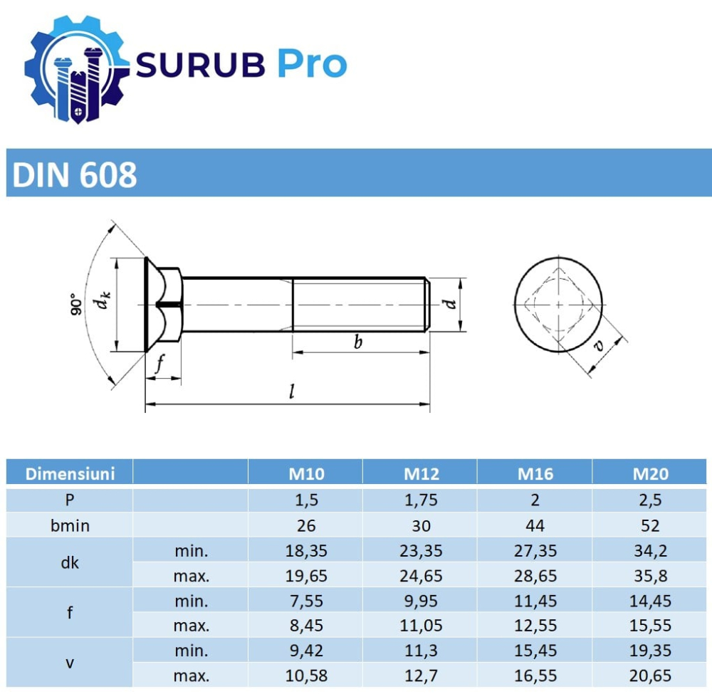 Surub cap inecat si gat patrat DIN 608 10.9 M16x60 otel natur - cutie 50 buc [3]