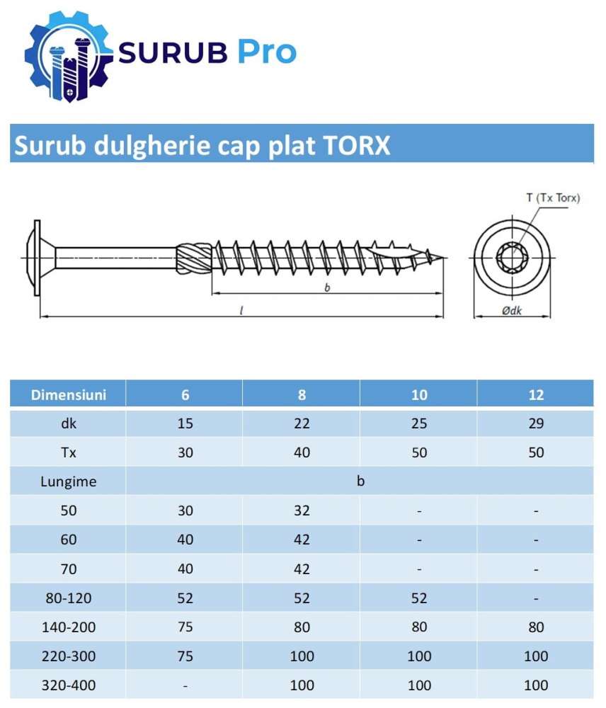 Surub dulgherie cap plat TORX  10x300 otel zincat galben - cutie 25 buc [2]