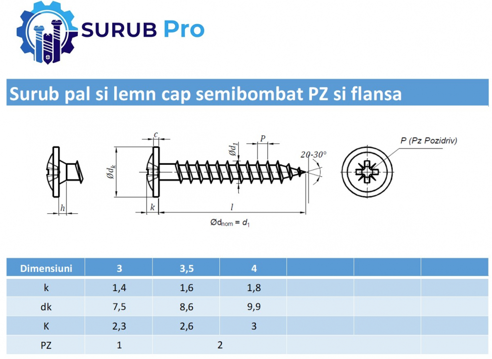 Surub lemn cap semibombat PZ si flansa   3 x35 otel zincat alb - cutie 3000 buc [3]