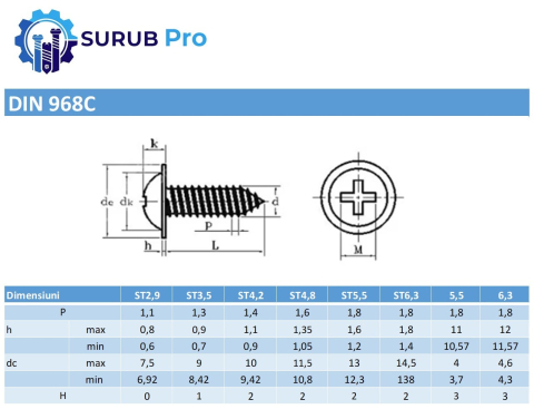 Surub autofiletant cap bombat si flansa DIN 968C  3,5x16 otel zincat - cutie 1000 buc [2]