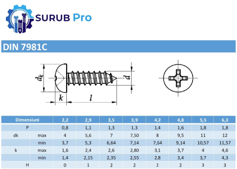 Surub autofiletant cap cilindric DIN 7981C  6,3x50 inox A2  - cutie 200 buc [2]