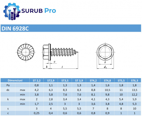Surub autofiletant cap hex si flansa DIN 6928C  4.2x13 otel zincat - cutie 1000 buc [2]