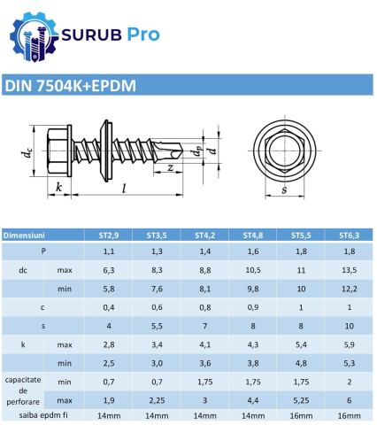 Surub autoforant cap hex. DIN 7504K+EPDM  6,3x38 otel zincat - cutie 500 buc [2]
