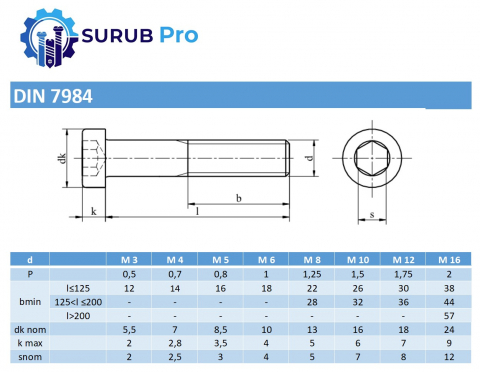 Surub cap cilindric redus locas imbus DIN 7984 8.8 M3x6 otel zincat - cutie 500 buc [1]