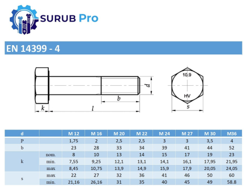 Surub de inalta rezistenta EN14399-4 10.9 M16x105 otel zincat termic la cald - cutie 25 buc [2]