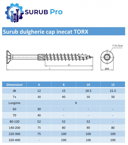 Surub dulgherie cap inecat TORX   3 x40 otel zincat galben - cutie 500 buc [2]