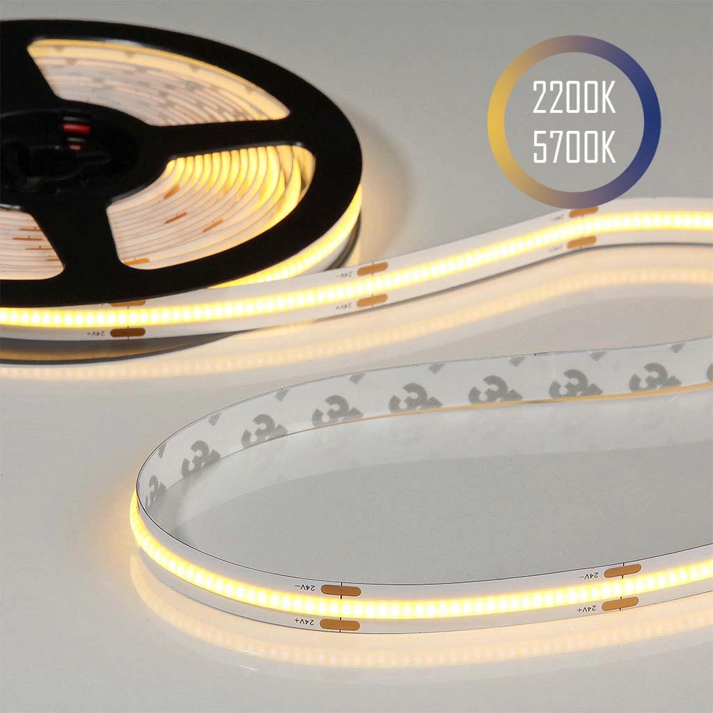 Flex COB CCT LED Strip 24V, 14W/m, 2200K–5700K, CRI90, 604LED/m, IP20, 10mm, 5m [1]