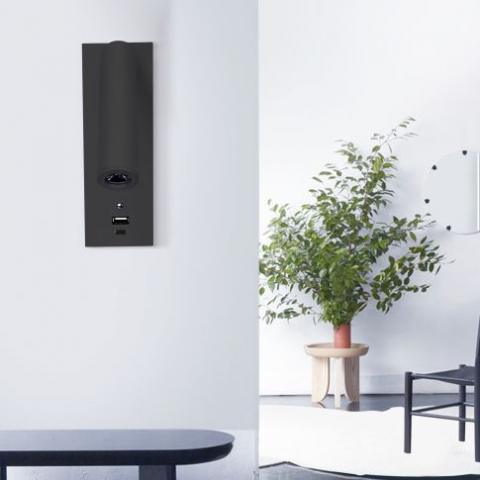 Aplice de Perete - Lampă de citit LED, 3W, neagră, cu porturi de încărcare USB-A și USB-C, lumină alb cald, reglabilă în 3 trepte