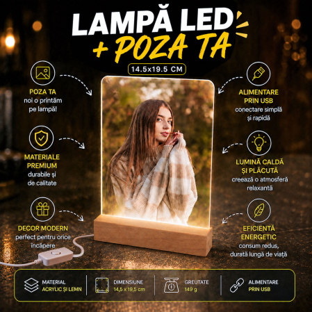 Cadouri Personalizate - Lampă LED Personalizată cu Poza Ta 14.5x19.5 cm