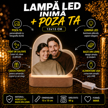 Cadouri Personalizate - Lampă LED Inimă Personalizată cu Poza Ta 13x13 cm