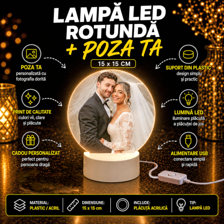 Cadouri Personalizate - Lampă LED Rotundă Personalizată cu Poza Ta - 15x15 cm