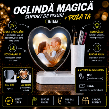 Cadouri Personalizate - Oglindă Magică Infinity cu Suport de Pixuri Personalizată cu Poza Ta - Inimă