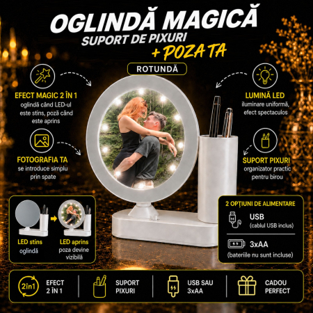 Cadouri Personalizate - Oglindă Magică cu Suport de Pixuri Personalizată cu Poza Ta - Rotundă