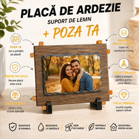 Cadouri Personalizate - Placă de Ardezie Personalizată cu Poza Ta pe Panou de Lemn