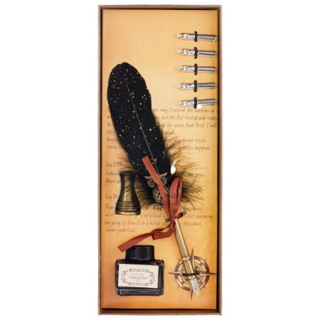 Cadouri Speciale - Set Stilou Pană Neagră Vintage cu Călimară