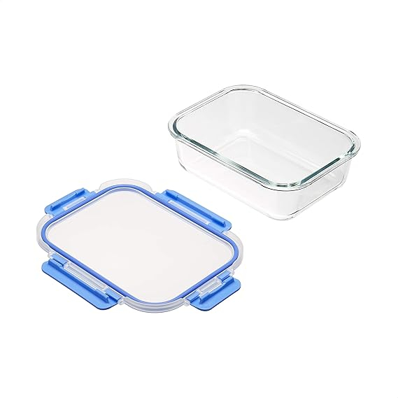 Set 14 Recipiente din Sticlă Amazon Basics cu Capace Etanșe – 7 Caserole + 7 Capace, cu Bandă din Silicon Albastru, Sticlă Borosilicată, Fără BPA [2]