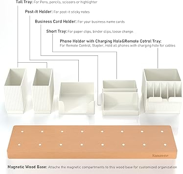 Organizator de Birou din Lemn cu Compartimente Ajustabile – Suport Telefon, Suport Pixuri, Suport Cărți de Vizită, Tavă Creioane, Alb [3]