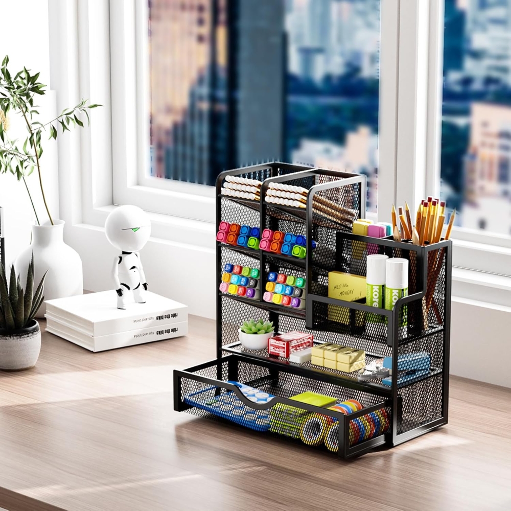 Organizator Birou din Metal cu Sertar Marbrasse – Suport Multifuncțional pentru Pixuri și Accesorii, cu 10 Compartimente, Negru [3]