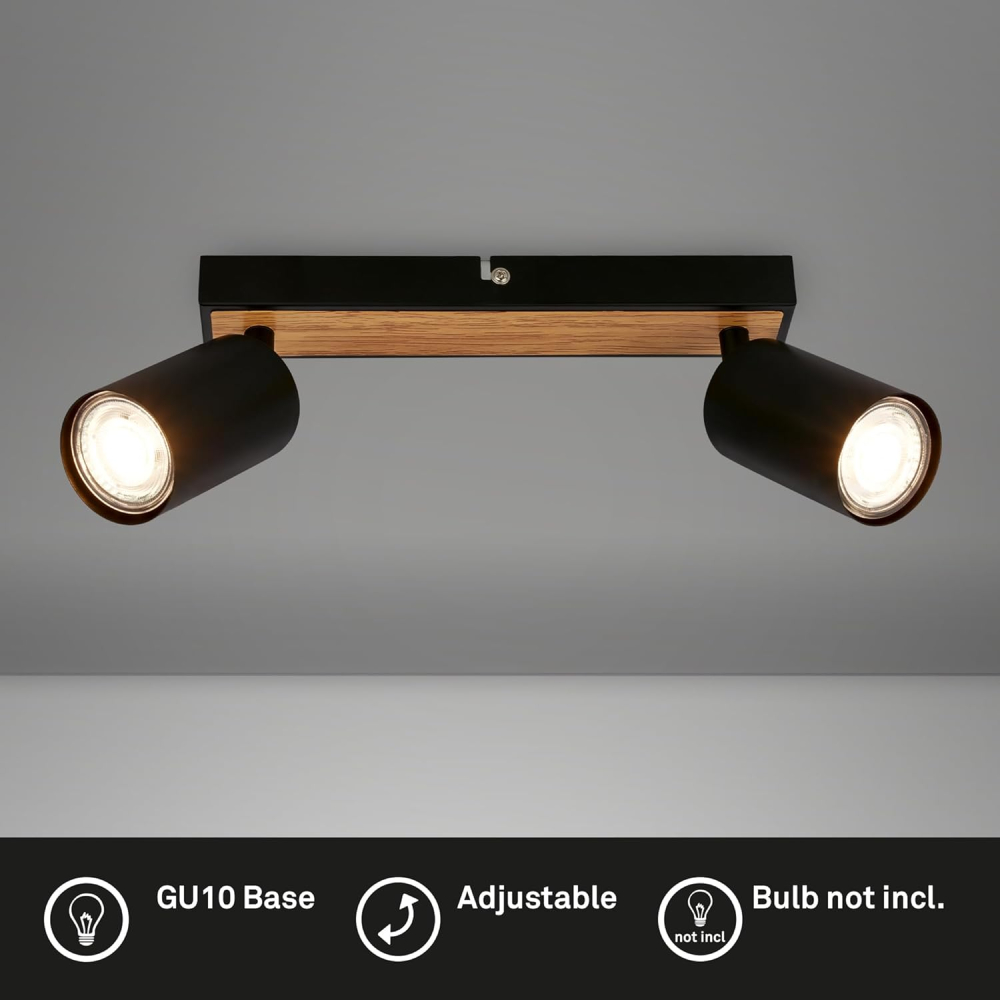 Spot LED de Tavan Rotativ, 2 Brațe, GU10, Design Negru cu Lemn – BRILONER 25.5 cm [2]