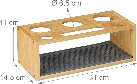 Suport Uscare Sticle Relaxdays Compatibil cu SodaStream, din Bambus, cu Covoraș din Silicon și 3 Suporturi de Picurare, Natur/Gri [3]