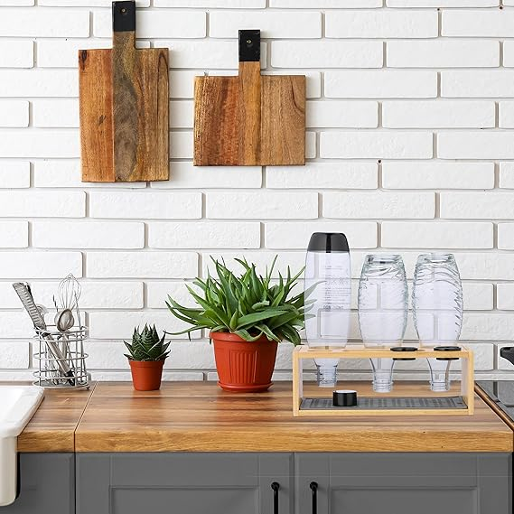 Suport Uscare Sticle Relaxdays Compatibil cu SodaStream, din Bambus, cu Covoraș din Silicon și 3 Suporturi de Picurare, Natur/Gri [4]