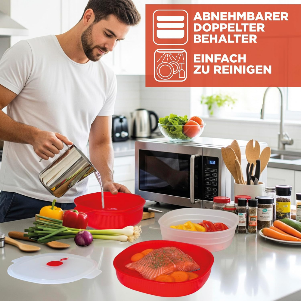 Vas Cu Abur Snips Tempo Zero 4 L, Plastic Roșu – Cu Tăvițe Multiple pentru Carne, Pește și Legume, Fără BPA, Made in Italy [3]