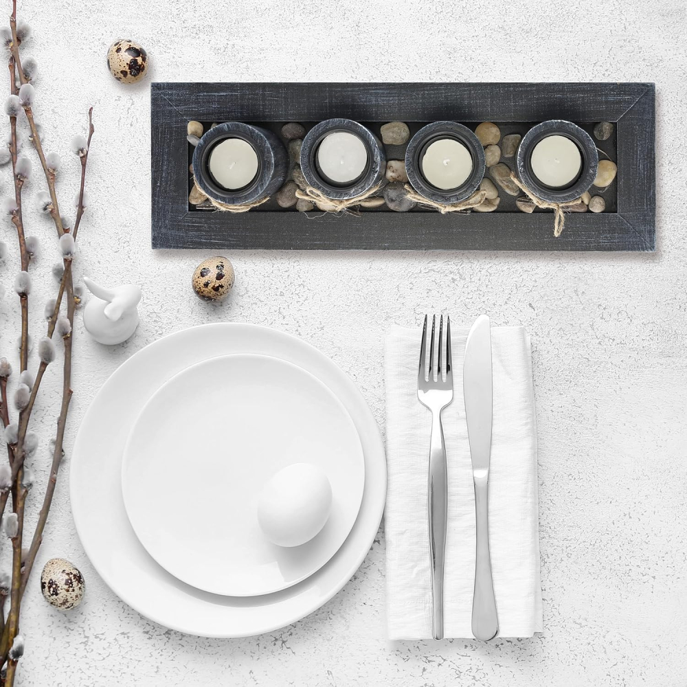 Set Relaxdays cu 4 suporturi pentru lumânări și tăviță neagră, decor cu pietricele [4]