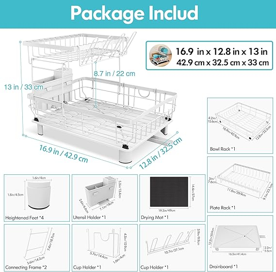Suport Vase MAJALiS pe 2 Nivele, din Inox, cu Tavă de Scurgere, Scurgere Rotativă 360° și Covoraș de Uscare, Alb – Cu Suport pentru Tacâmuri și Cuțite [2]