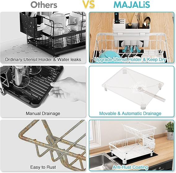 Suport Vase MAJALiS pe 2 Nivele, din Inox, cu Tavă de Scurgere, Scurgere Rotativă 360° și Covoraș de Uscare, Alb – Cu Suport pentru Tacâmuri și Cuțite [3]
