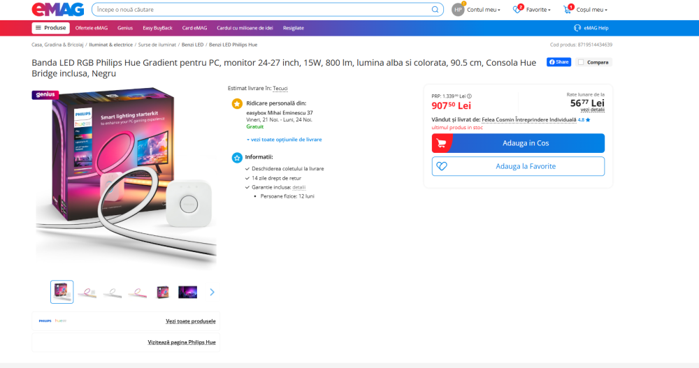 Bandă LED RGB Philips Hue Play Gradient pentru PC, monitor 24–27", Starter Kit cu Hue Bridge – Grad A, ca nou (resigilat) [10]