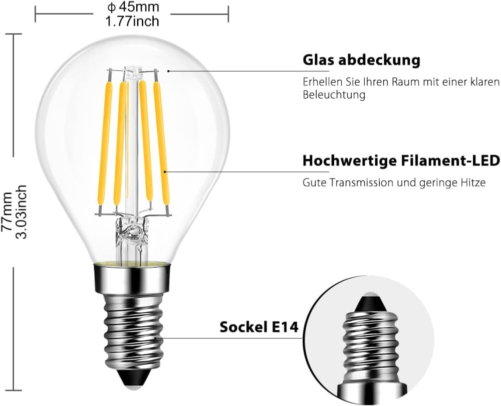 Bec LED E14 4W Filament P45 2700K Warm – Set 6 buc. | LVWIT [2]